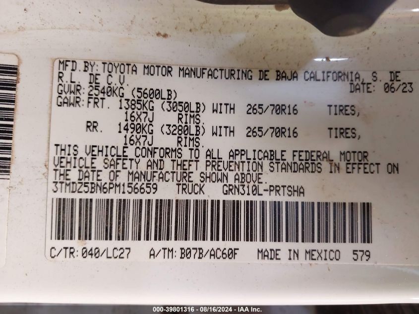 2023 Toyota Tacoma Trd Off Road VIN: 3TMDZ5BN6PM156659 Lot: 39801316