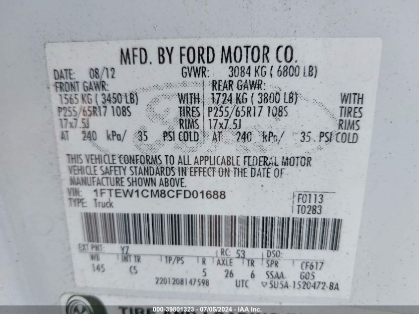 2012 Ford F-150 Xl VIN: 1FTEW1CM8CFD01688 Lot: 39801323