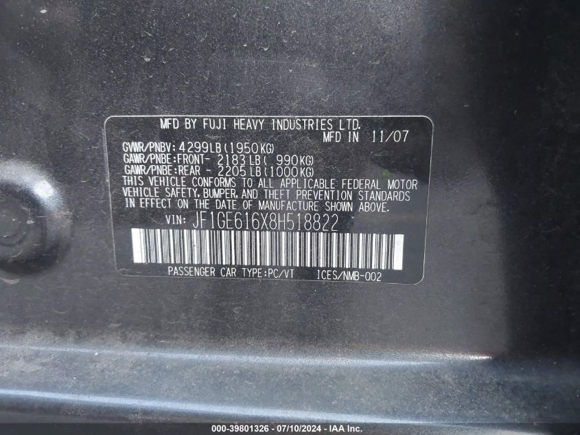 2008 Subaru Impreza 2.5I VIN: JF1GE616X8H518822 Lot: 39801326