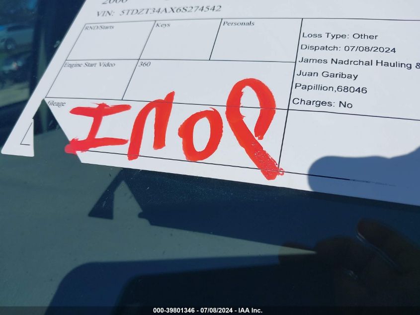 2006 Toyota Sequoia Sr5 V8 VIN: 5TDZT34AX6S274542 Lot: 39801346