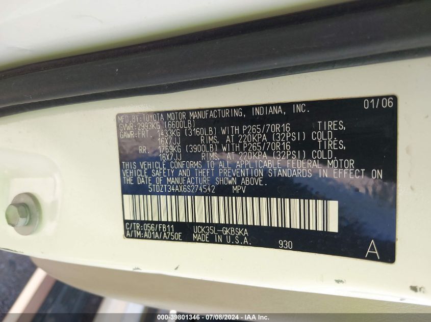 2006 Toyota Sequoia Sr5 V8 VIN: 5TDZT34AX6S274542 Lot: 39801346