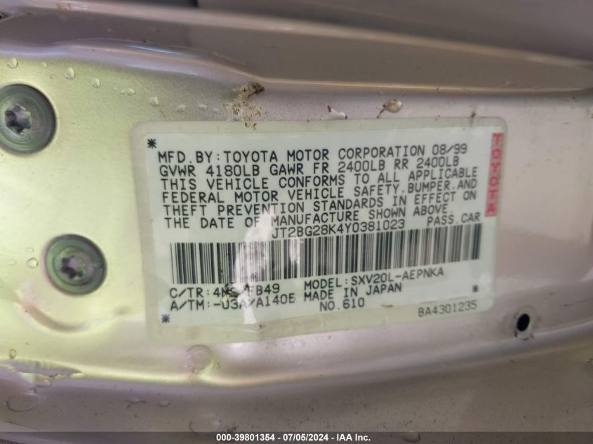 2000 Toyota Camry Le VIN: JT2BG28K4Y0381023 Lot: 39801354