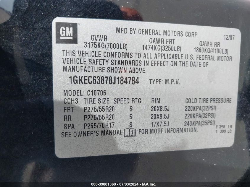 2008 GMC Yukon Denali VIN: 1GKEC63878J184784 Lot: 39801360