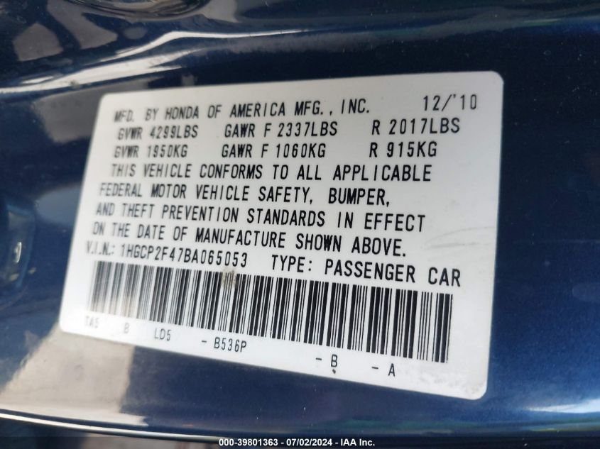 2011 Honda Accord 2.4 Lx-P VIN: 1HGCP2F47BA065053 Lot: 39801363