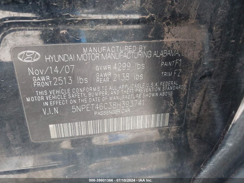 2008 Hyundai Sonata Gls VIN: 5NPET46C38H393741 Lot: 39801366