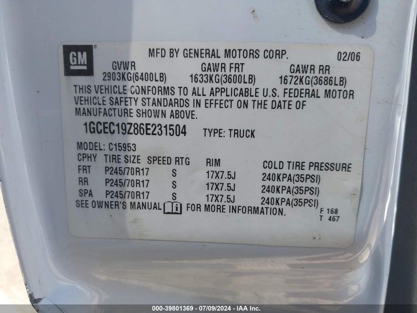 2006 Chevrolet Silverado 1500 Work Truck VIN: 1GCEC19Z86E231504 Lot: 39801369