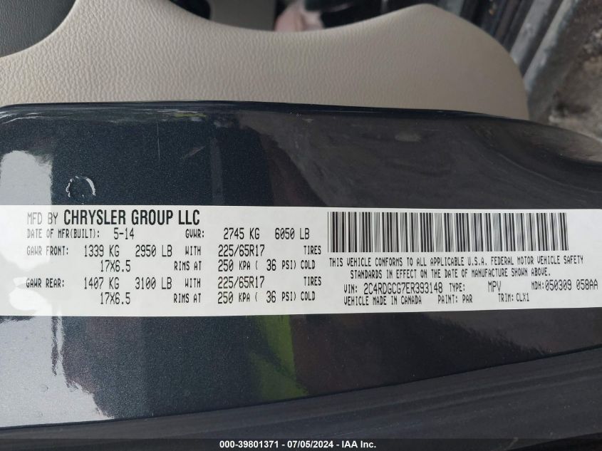 2014 Dodge Grand Caravan Sxt 30Th Anniversary VIN: 2C4RDGCG7ER393148 Lot: 39801371