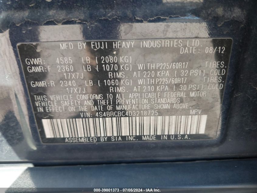 2013 Subaru Outback 2.5I Premium VIN: 4S4BRCBC4D3218725 Lot: 39801373