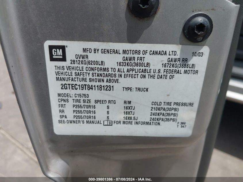 2004 GMC Sierra 1500 Sle VIN: 2GTEC19T841181231 Lot: 39801386