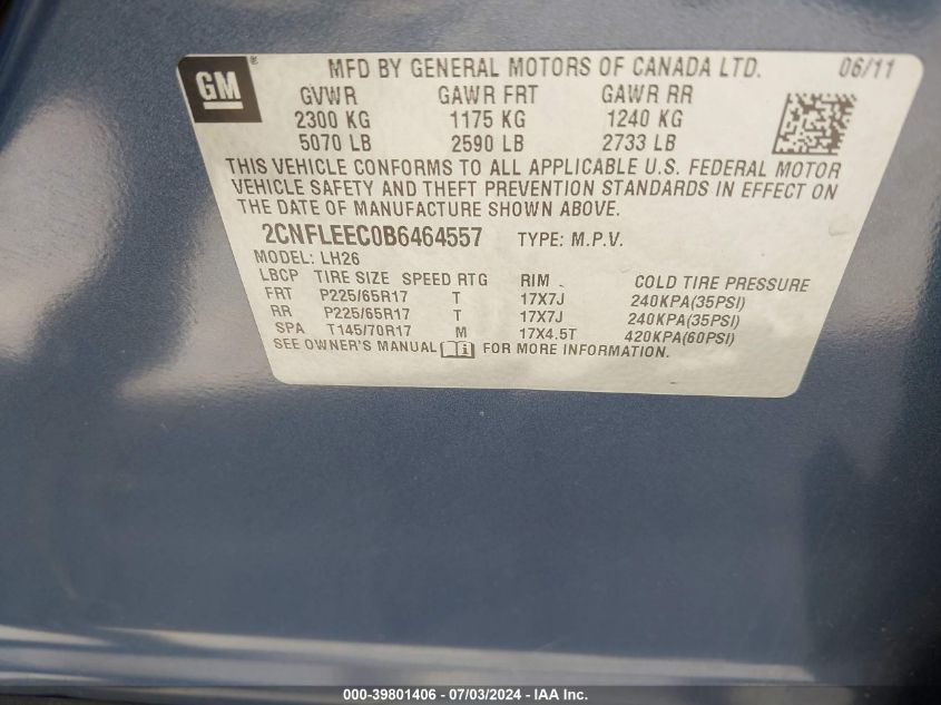 2011 Chevrolet Equinox 1Lt VIN: 2CNFLEEC0B6464557 Lot: 39801406