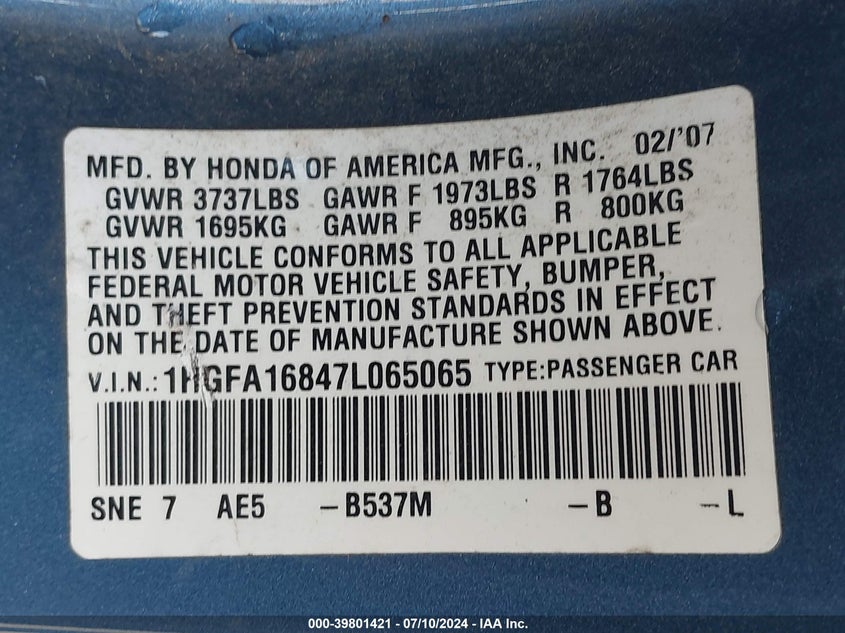 2007 Honda Civic Ex VIN: 1HGFA16847L065065 Lot: 39801421