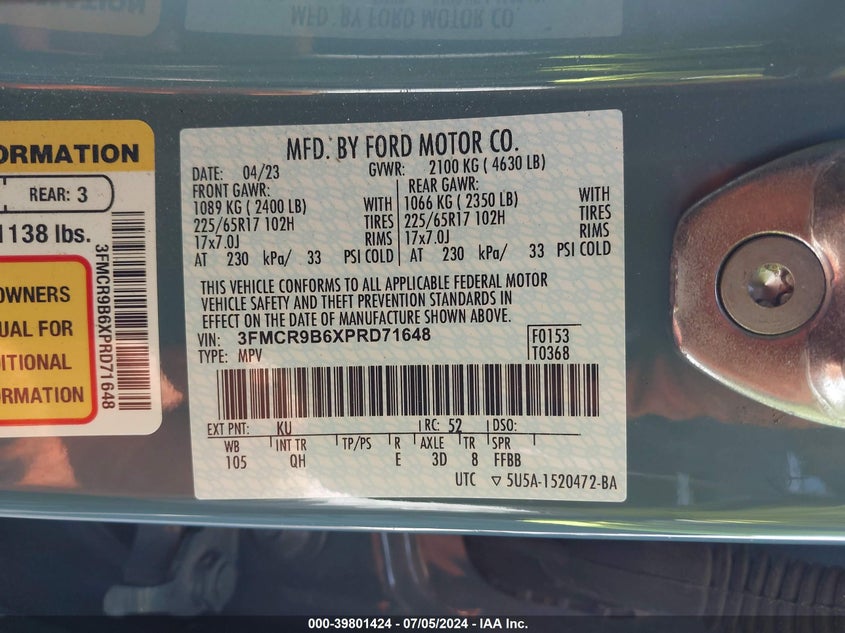 2023 FORD BRONCO SPORT BIG BEND - 3FMCR9B6XPRD71648