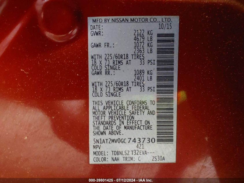 2016 Nissan Rogue Sl VIN: 5N1AT2MV0GC743730 Lot: 39801425