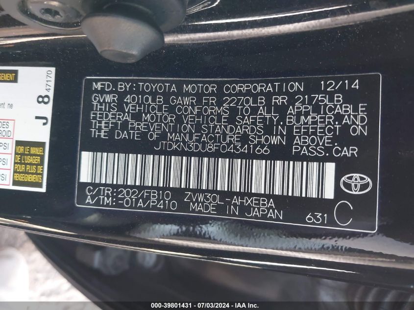 2015 Toyota Prius Two VIN: JTDKN3DU8F0434166 Lot: 39801431