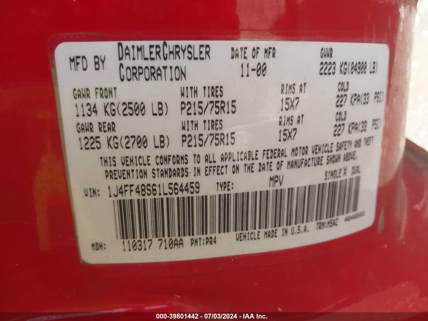 2001 Jeep Cherokee Sport VIN: 1J4FF48S61L564459 Lot: 39801442