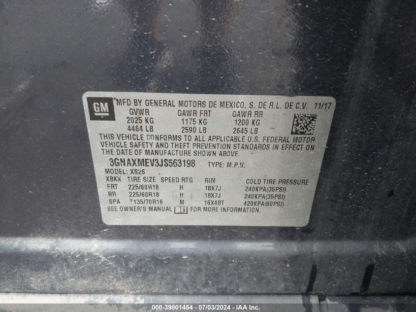2018 Chevrolet Equinox Premier VIN: 3GNAXMEV3JS563198 Lot: 39801454