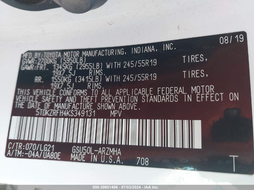 2019 Toyota Highlander Se/Xle VIN: 5TDKZRFH4KS349131 Lot: 39801456