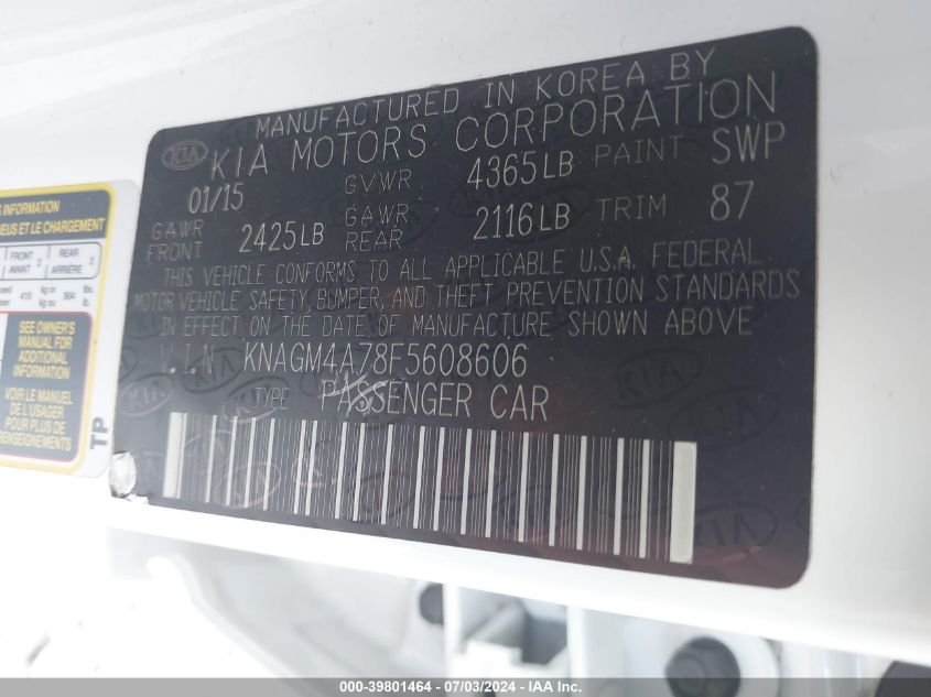 2015 Kia Optima Lx VIN: KNAGM4A78F5608606 Lot: 39801464