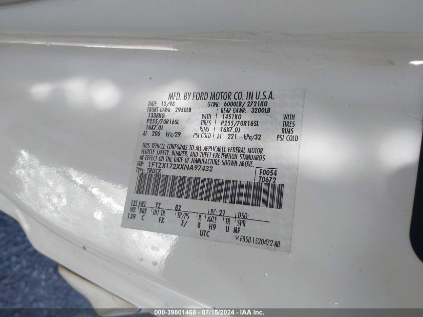 1999 Ford F-150 Work Series/Xl/Xlt VIN: 1FTZX172XXNA97432 Lot: 39801468