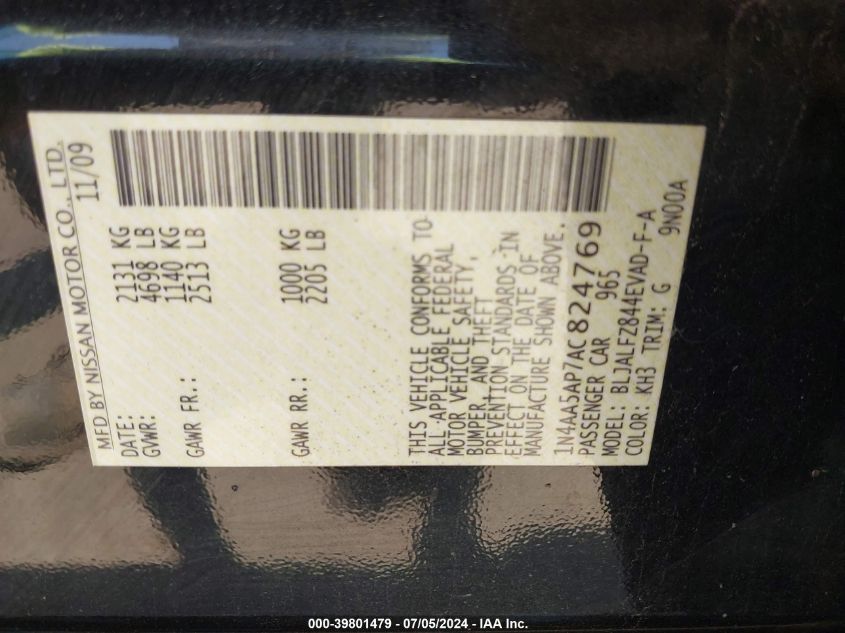 2010 Nissan Maxima 3.5 Sv VIN: 1N4AA5AP7AC824769 Lot: 39801479