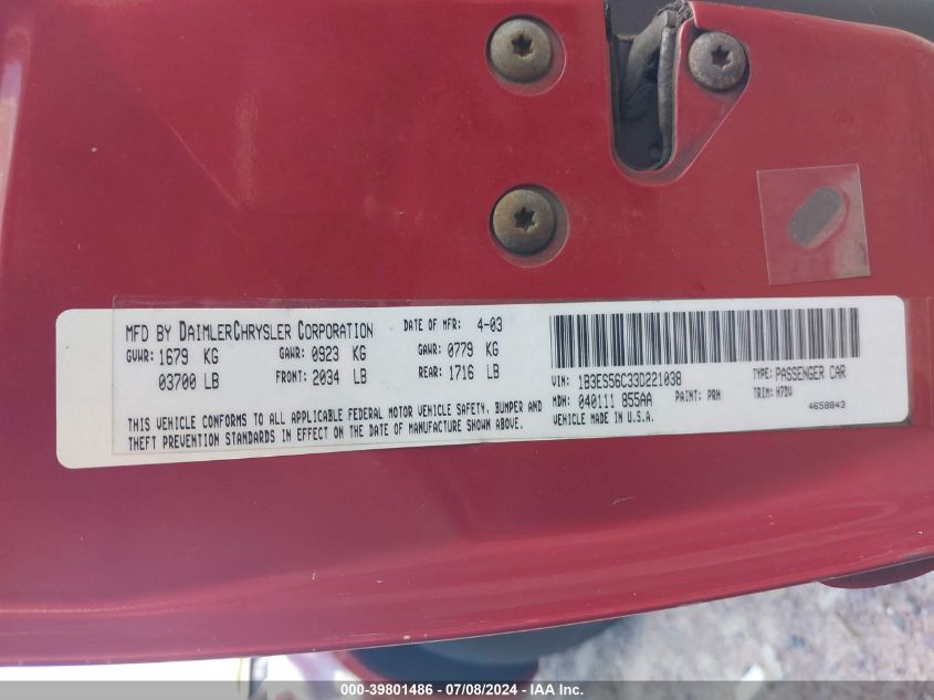 2003 Dodge Neon Sxt VIN: 1B3ES56C33D221038 Lot: 39801486