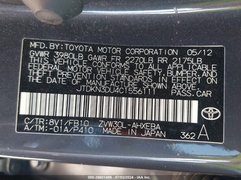 2012 Toyota Prius Three VIN: JTDKN3DU4C1556111 Lot: 39801499