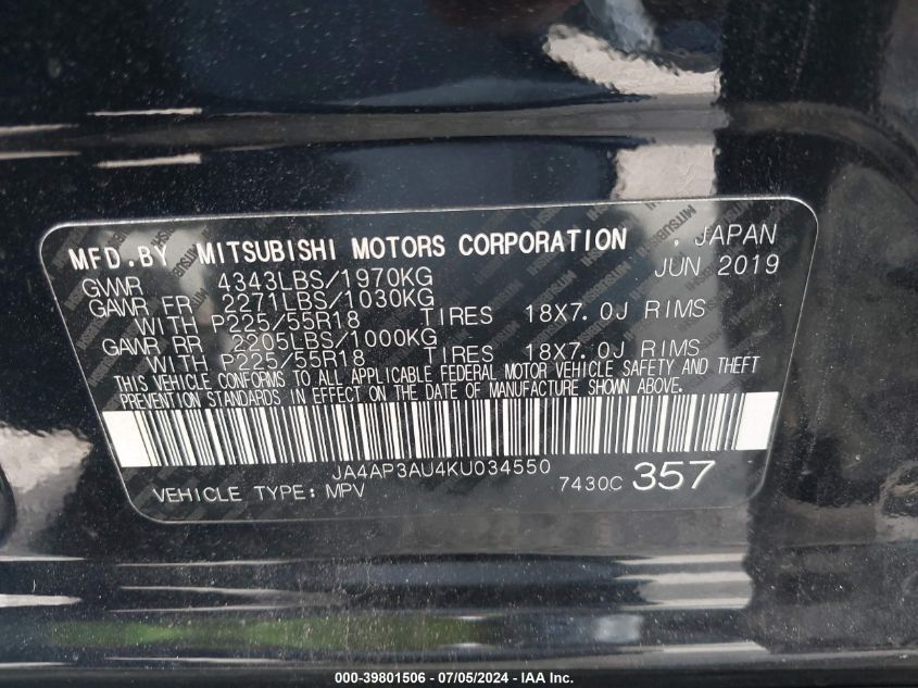 2019 Mitsubishi Outlander Sport 2.0 Es VIN: JA4AP3AU4KU034550 Lot: 39801506