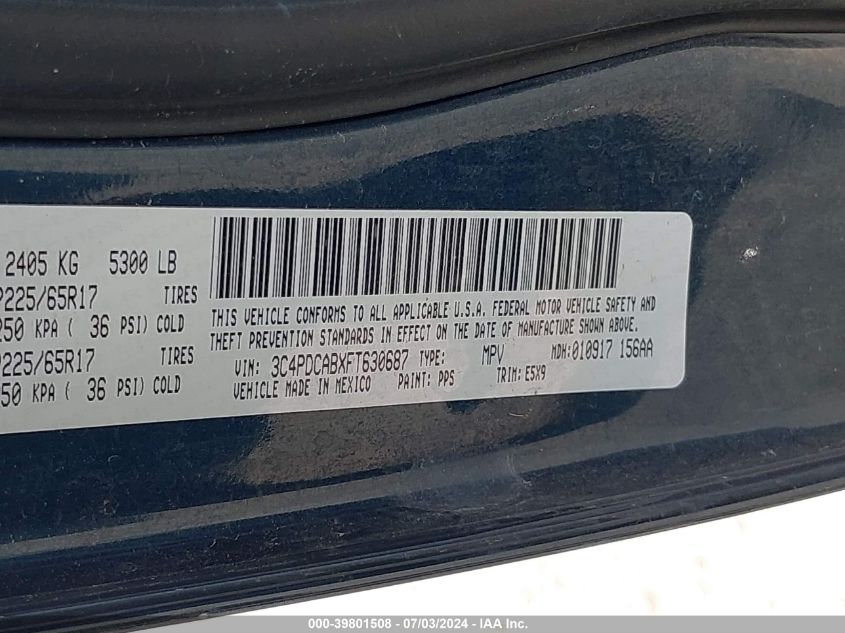 2015 Dodge Journey American Value Pkg VIN: 3C4PDCABXFT630687 Lot: 39801508