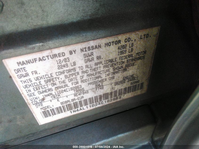 2004 Nissan Altima 2.5 S VIN: 1N4AL11D24C182863 Lot: 39801516