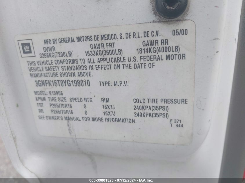 2000 Chevrolet Suburban 1500 Ls VIN: 3GNFK16T0YG198010 Lot: 39801523