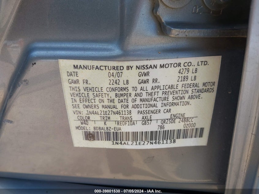 2007 Nissan Altima 2.5 S VIN: 1N4AL21E27N461138 Lot: 39801530