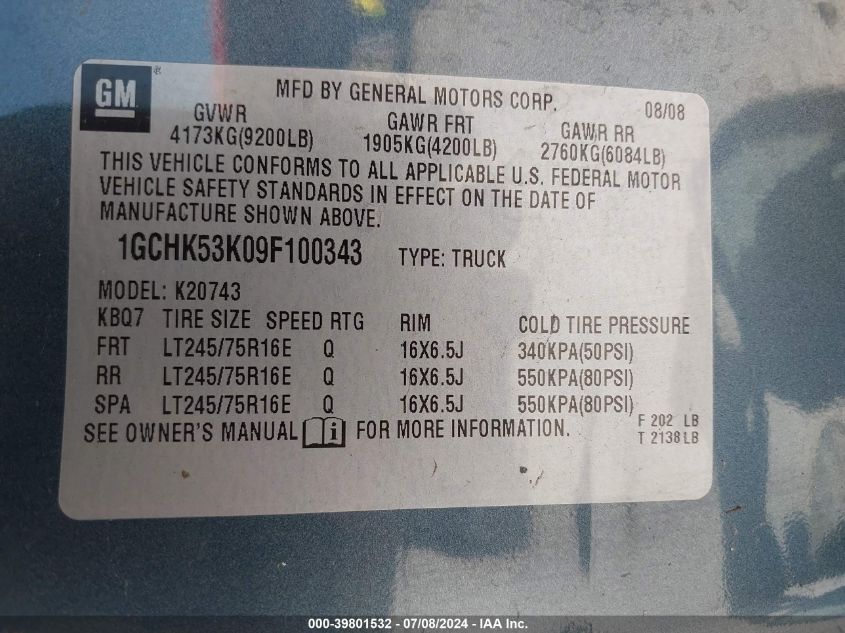 2009 Chevrolet Silverado K2500 Heavy Duty Lt VIN: 1GCHK53K09F100343 Lot: 39801532