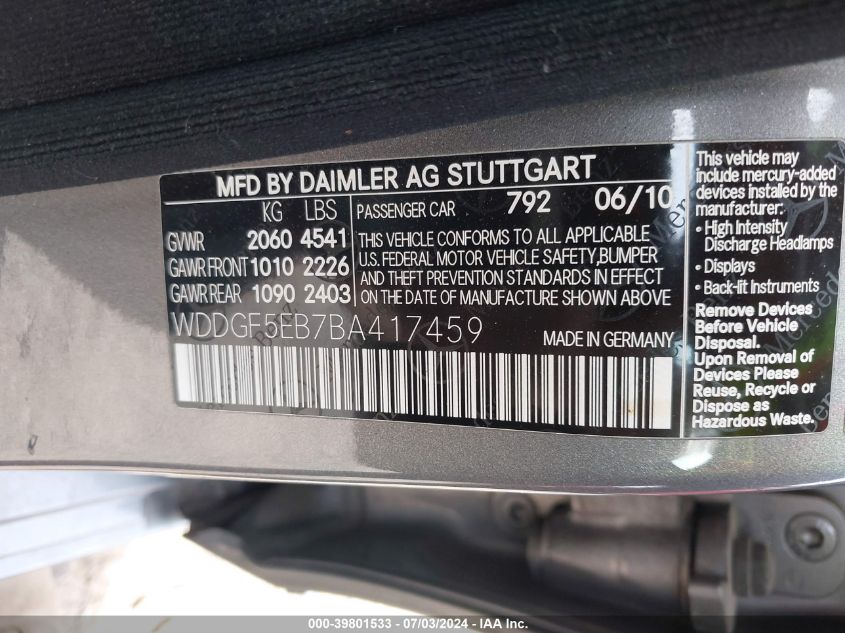 2011 Mercedes-Benz C 300 Luxury/Sport VIN: WDDGF5EB7BA417459 Lot: 39801533