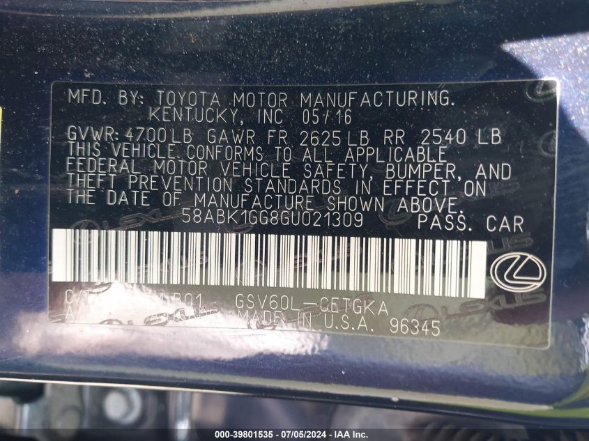 2016 Lexus Es 350 VIN: 58ABK1GG8GU021309 Lot: 39801535