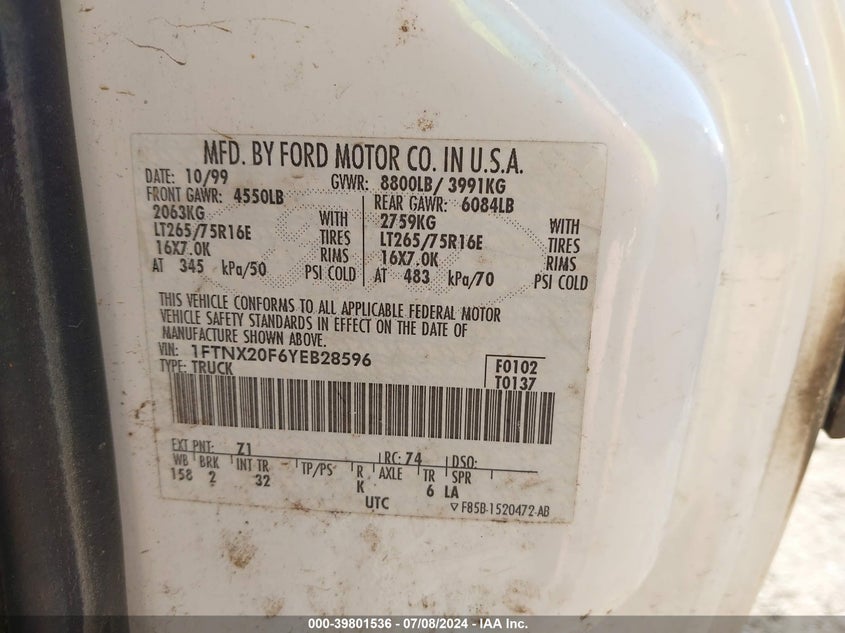 2000 Ford F-250 Lariat/Xl/Xlt VIN: 1FTNX20F6YEB28596 Lot: 39801536