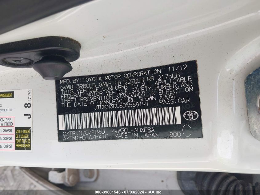 2013 Toyota Prius Two VIN: JTDKN3DU8D5568191 Lot: 39801545