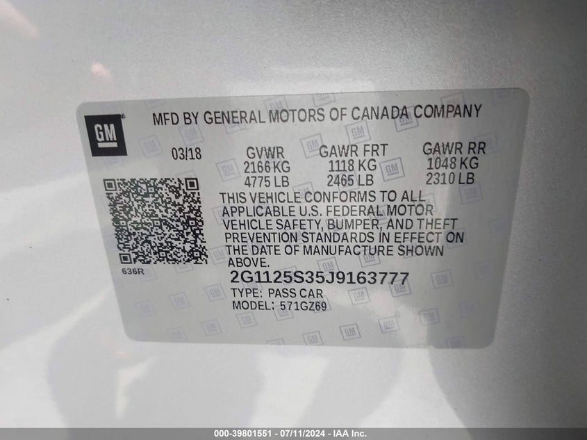 2018 CHEVROLET IMPALA 2LZ - 2G1125S35J9163777