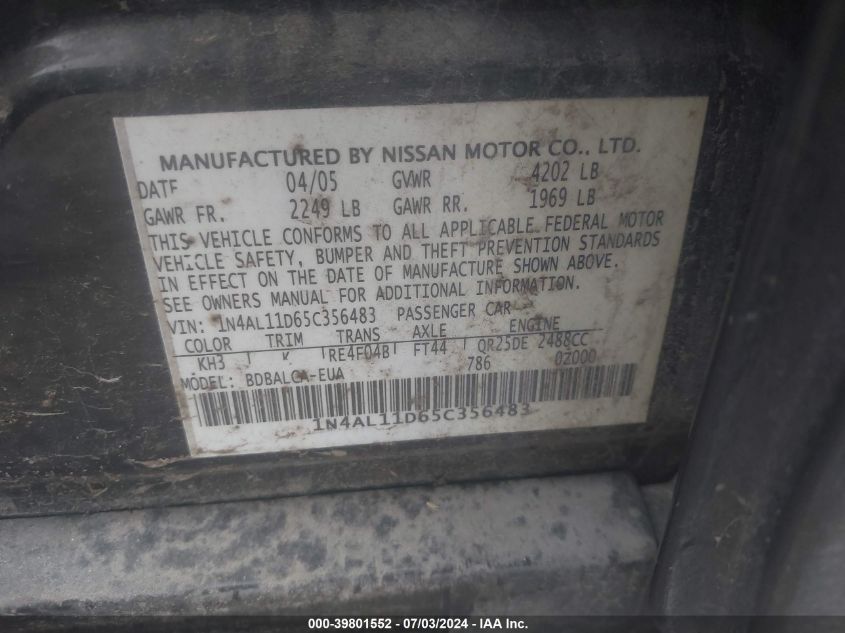 2005 Nissan Altima 2.5 S VIN: 1N4AL11D65C356483 Lot: 39801552