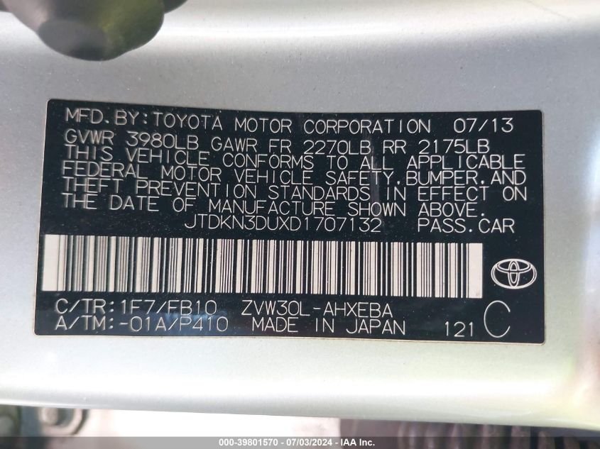 2013 Toyota Prius Two VIN: JTDKN3DUXD1707132 Lot: 39801570