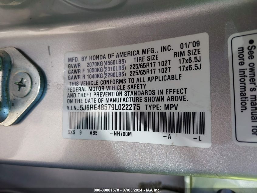 2009 Honda Cr-V Ex VIN: 5J6RE48579L022275 Lot: 39801578