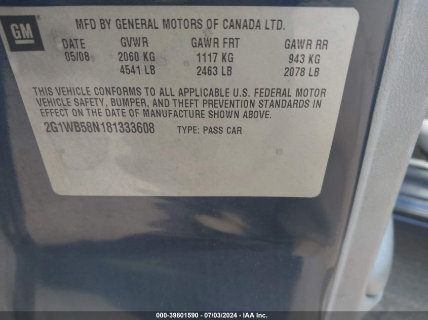 2008 Chevrolet Impala Ls VIN: 2G1WB58N181333608 Lot: 39801590