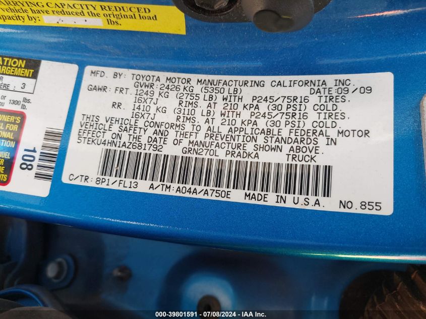 2010 Toyota Tacoma Prerunner V6 VIN: 5TEKU4HN1AZ681792 Lot: 39801591