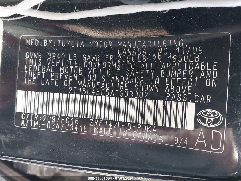 2010 Toyota Corolla Le VIN: 2T1BU4EE5AC303002 Lot: 39801594