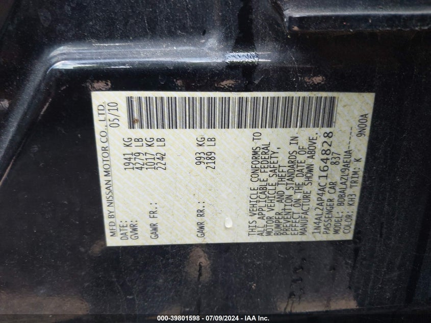 2010 Nissan Altima 2.5 VIN: 1N4AL2AP4AC164828 Lot: 39801598