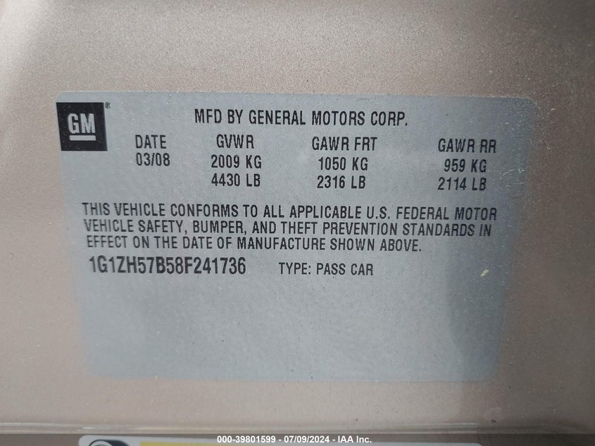 2008 Chevrolet Malibu Lt VIN: 1G1ZH57B58F241736 Lot: 39801599