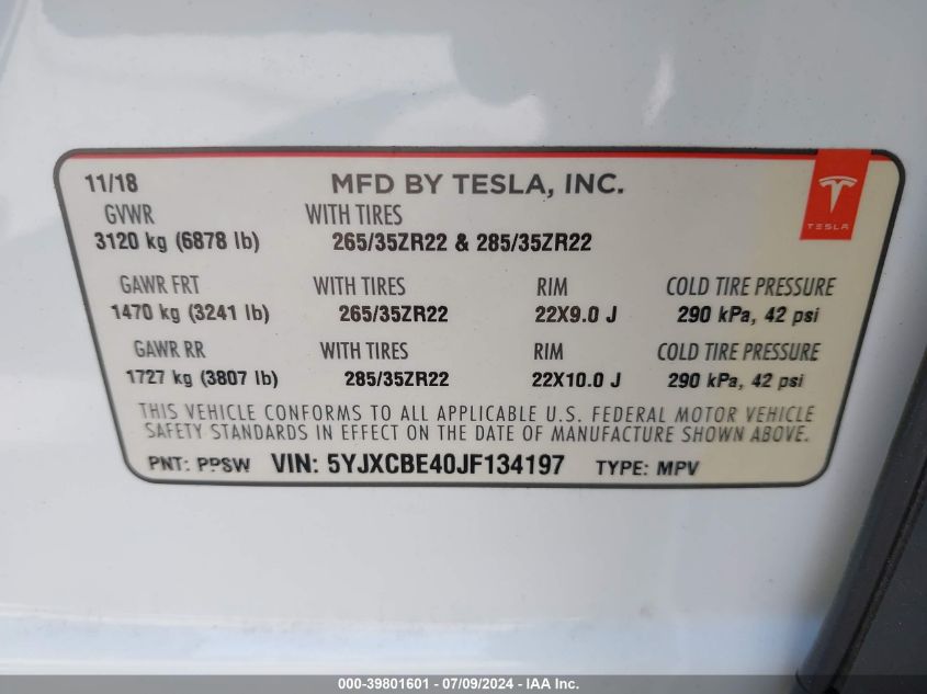 2018 Tesla Model X 100D/75D/P100D VIN: 5YJXCBE40JF134197 Lot: 39801601