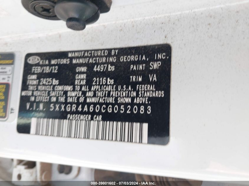 2012 Kia Optima Sx VIN: 5XXGR4A60CG052083 Lot: 39801602