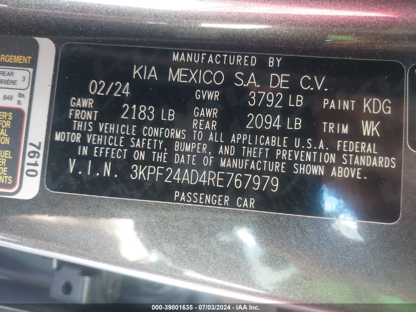 2024 Kia Forte Lxs VIN: 3KPF24AD4RE767979 Lot: 39801635