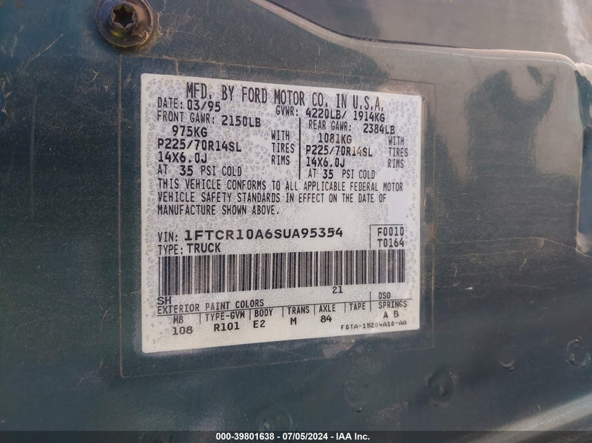 1995 Ford Ranger VIN: 1FTCR10A6SUA95354 Lot: 39801638