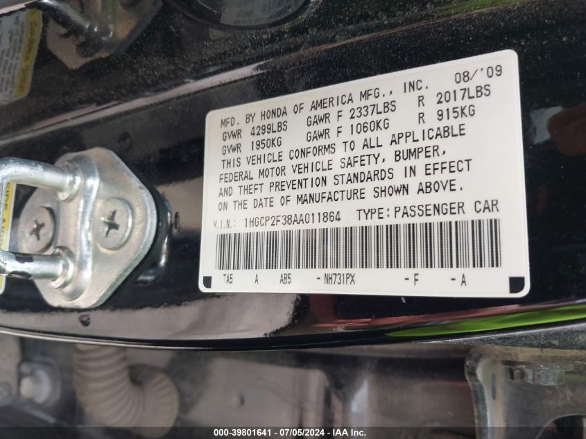 2010 Honda Accord 2.4 Lx VIN: 1HGCP2F38AA011864 Lot: 39801641